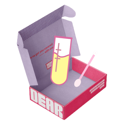 Dear Kyra Mailer box with STD Test Kits illustration inside